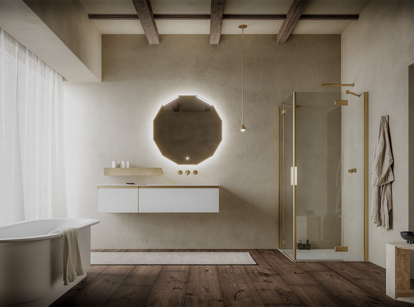 Bagno con box doccia dai profili oro