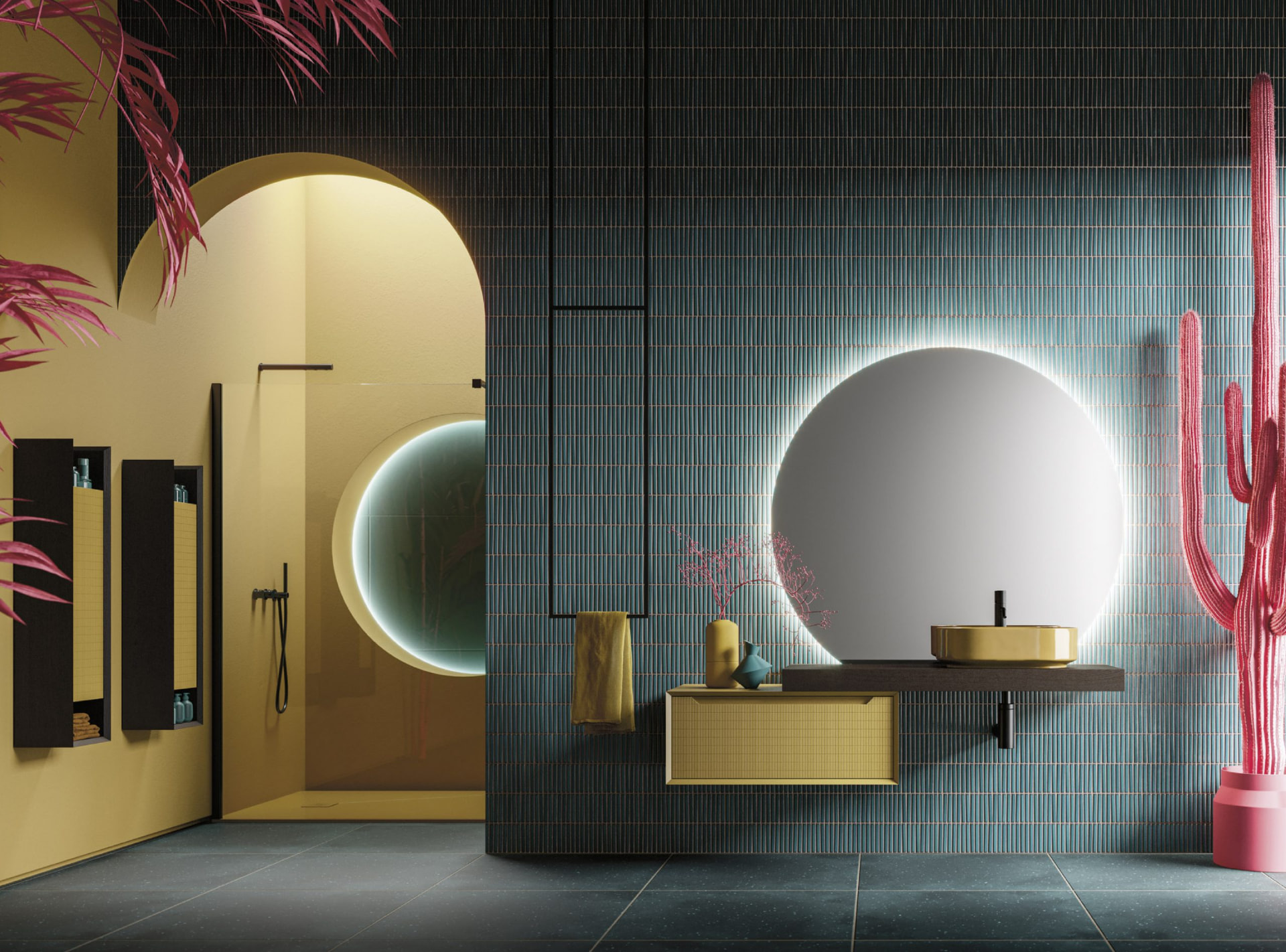 Composizione bagno con grande specchio tondo