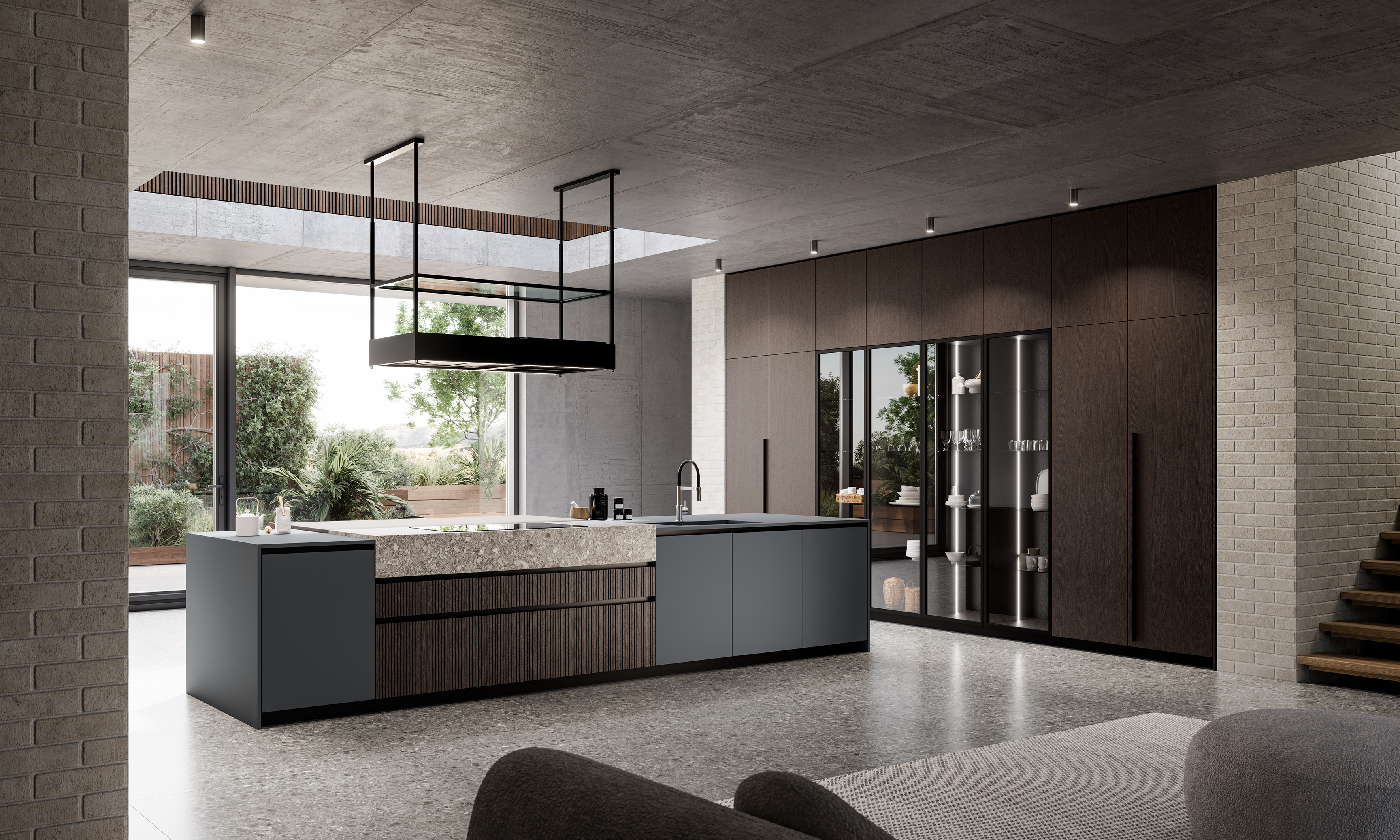 Cucina con penisola e piano snack in ambiente open space