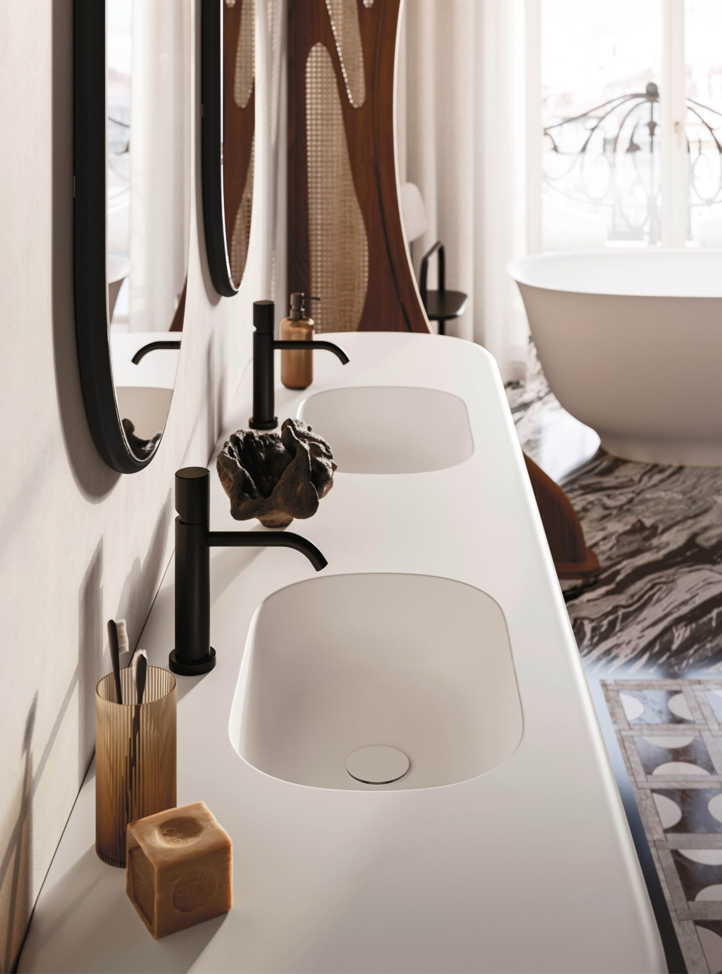 Doppio lavabo integrato nel top su misura