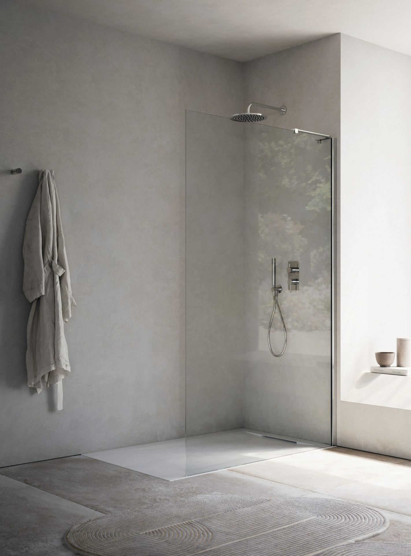 Box doccia walk-in con soffione a soffitto