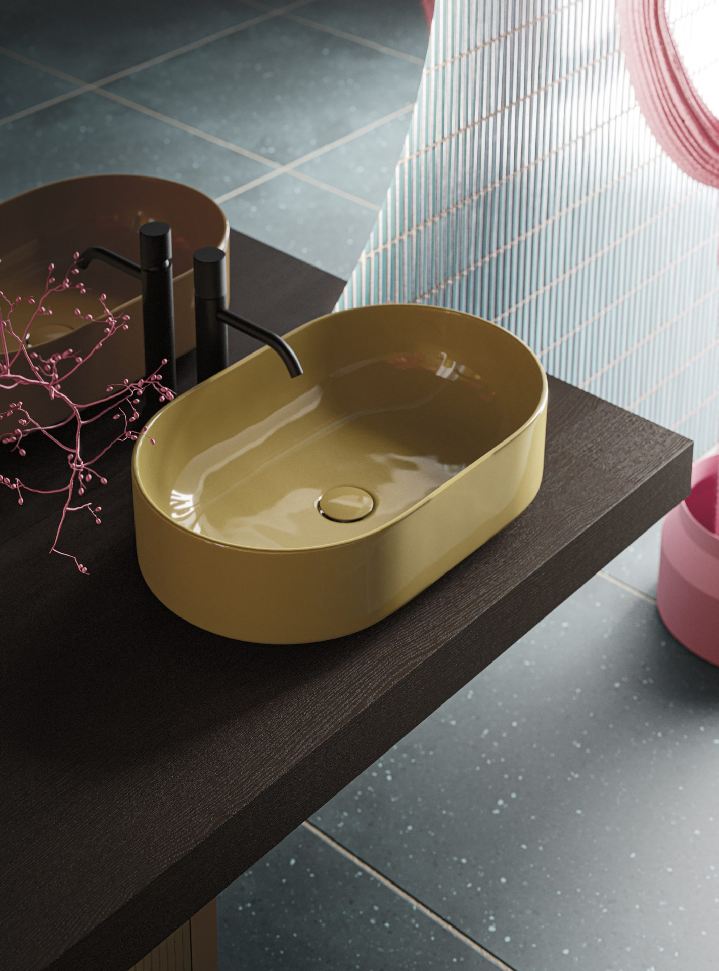 Lavabo da appoggio su piano scuro
