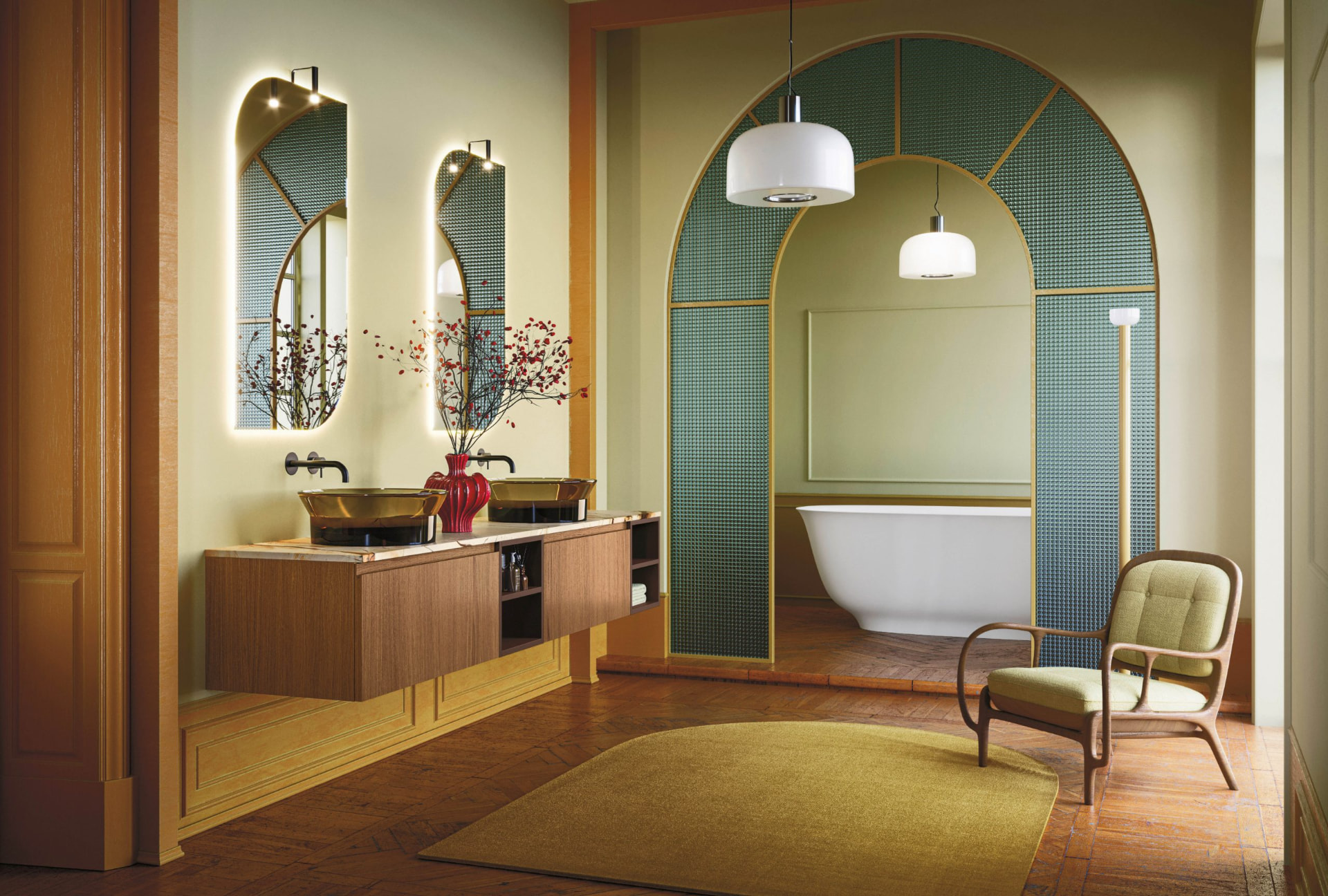 Progetto di bagno su misura con archi e lavabi in vetro